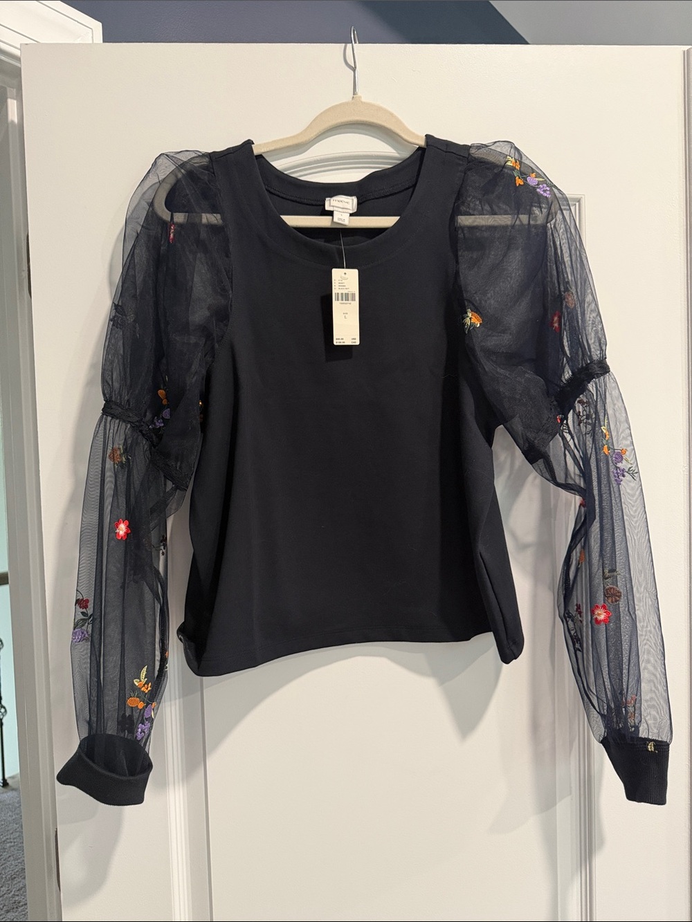 Maeve Black Puff-Sleeve Top with Embroidered Floral Sleeves